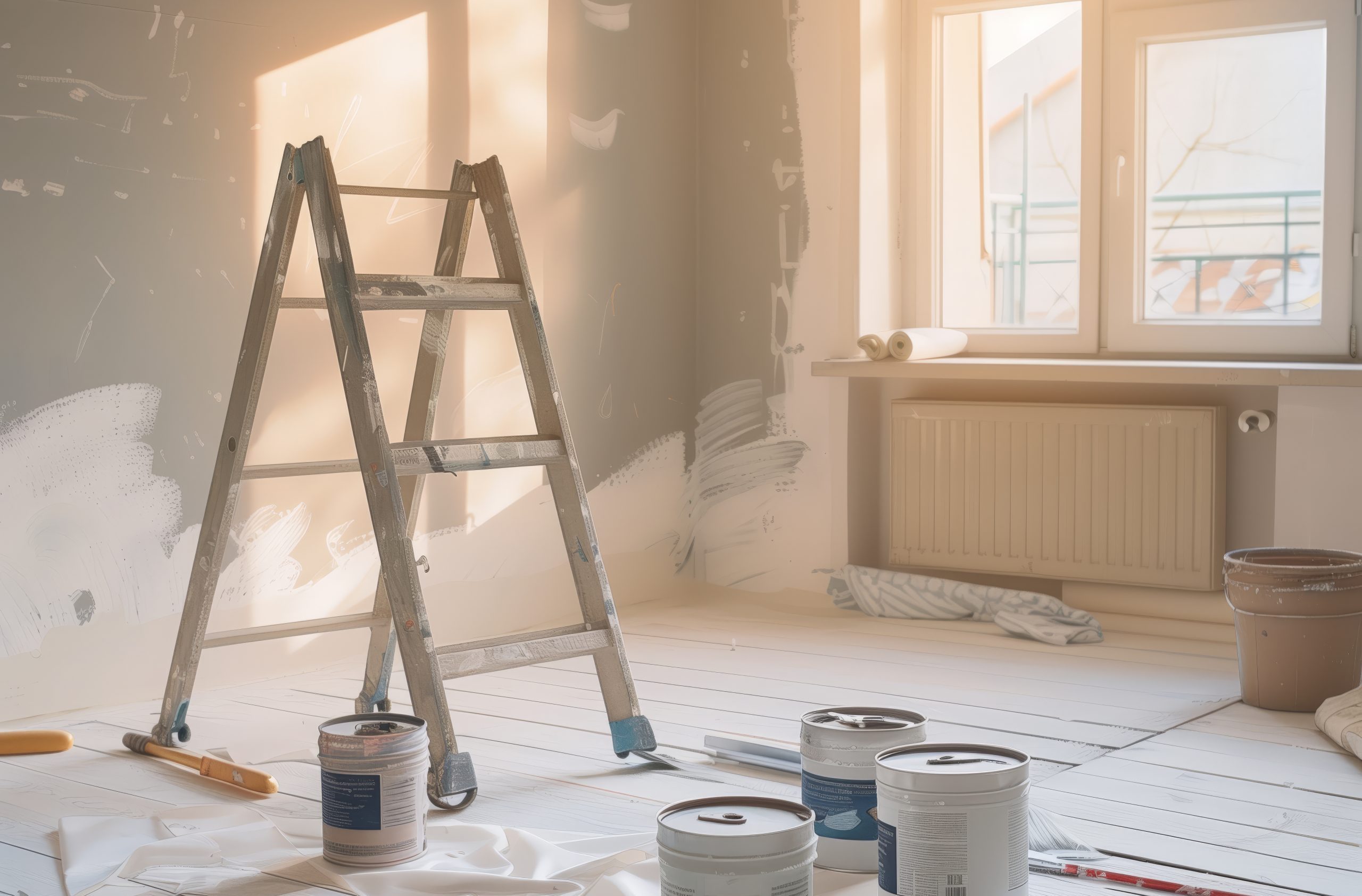 Room under renovation with painting supplies