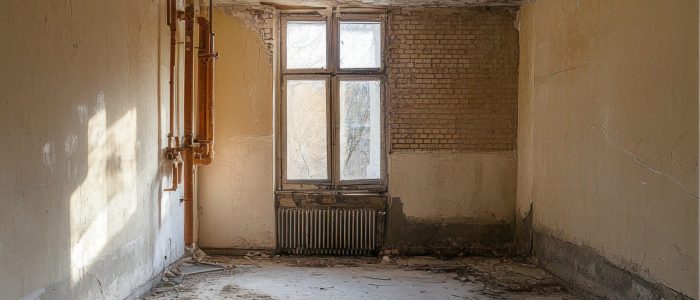 A comparison of a dilapidated room and a renovated living space with natural light.
