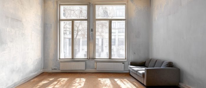 A comparison of a dilapidated room and a renovated living space with natural light.