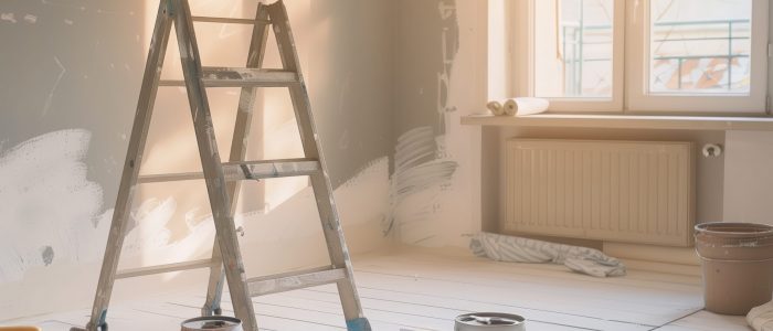 A room under renovation with painting supplies, a ladder, and sunlight streaming through the windows, capturing the progress of a home improvement project.